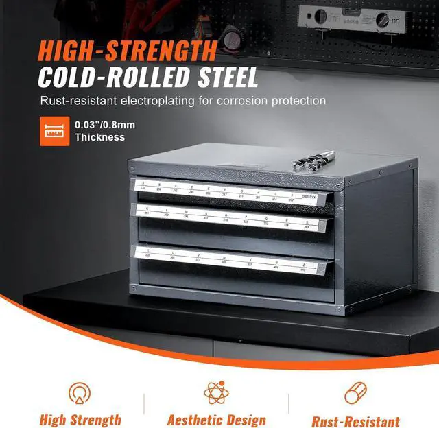 Alt view image 5 of 7 - VEVOR Drill Bit Dispenser Cabinet, Three-Drawer Drill Bit Dispenser, Drill Bit Organizer Cabinet Cold Rolled Steel, 27-Compartment Drill Dispenser Organizer Cabinet Holder for Letter Sizes A to Z