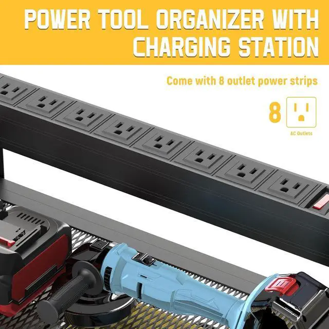 Alt view image 3 of 7 - Power Tool Organizer Wall Mount with 8-Outlet Charging Station 190lbs Load