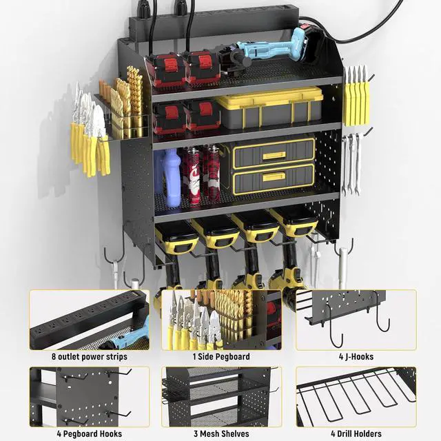 Alt view image 4 of 7 - Power Tool Organizer Wall Mount with 8-Outlet Charging Station 190lbs Load