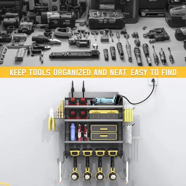 Alt view image 6 of 7 - Power Tool Organizer Wall Mount with 8-Outlet Charging Station 190lbs Load