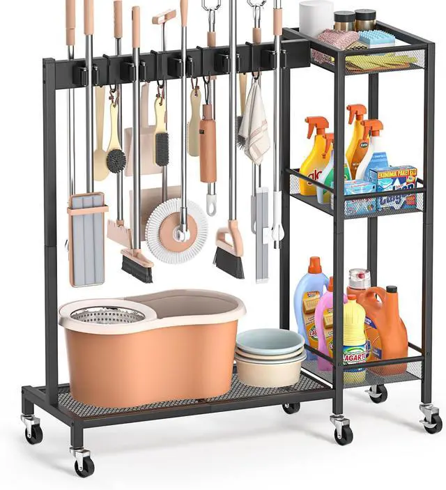 Main image of Broom Holder with Cleaning Supplies Organizer, Broom Closet Storage Cabinet with Cleaning Caddy, Cleaning Cart with Mop Hanger Gripper Rack Hooks,Janitorial Housekeeping cart,Laundry Room Organization