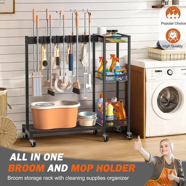 Alt view image 2 of 7 - Broom Holder with Cleaning Supplies Organizer, Broom Closet Storage Cabinet with Cleaning Caddy, Cleaning Cart with Mop Hanger Gripper Rack Hooks,Janitorial Housekeeping cart,Laundry Room Organization