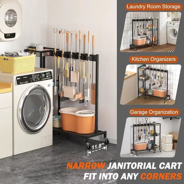 Alt view image 3 of 7 - Broom Holder with Cleaning Supplies Organizer, Broom Closet Storage Cabinet with Cleaning Caddy, Cleaning Cart with Mop Hanger Gripper Rack Hooks,Janitorial Housekeeping cart,Laundry Room Organization