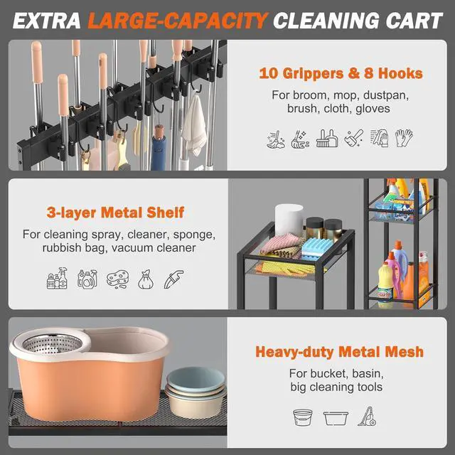 Alt view image 4 of 7 - Broom Holder with Cleaning Supplies Organizer, Broom Closet Storage Cabinet with Cleaning Caddy, Cleaning Cart with Mop Hanger Gripper Rack Hooks,Janitorial Housekeeping cart,Laundry Room Organization