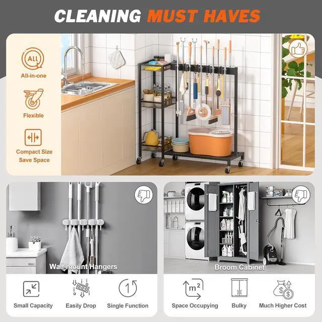 Alt view image 5 of 7 - Broom Holder with Cleaning Supplies Organizer, Broom Closet Storage Cabinet with Cleaning Caddy, Cleaning Cart with Mop Hanger Gripper Rack Hooks,Janitorial Housekeeping cart,Laundry Room Organization