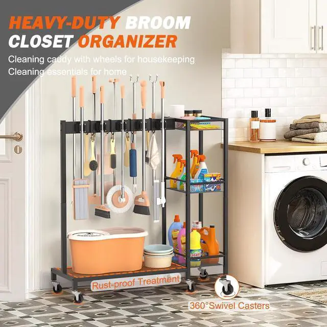 Alt view image 6 of 7 - Broom Holder with Cleaning Supplies Organizer, Broom Closet Storage Cabinet with Cleaning Caddy, Cleaning Cart with Mop Hanger Gripper Rack Hooks,Janitorial Housekeeping cart,Laundry Room Organization