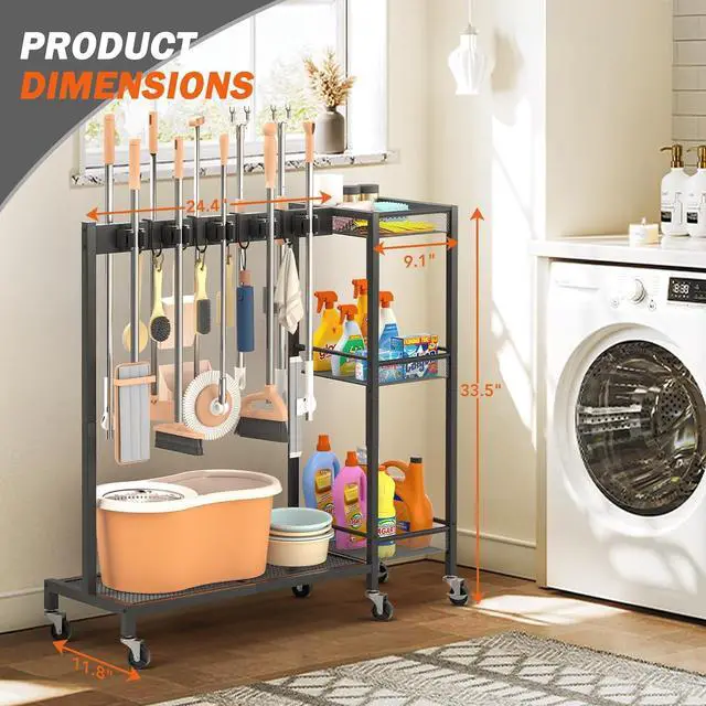 Alt view image 7 of 7 - Broom Holder with Cleaning Supplies Organizer, Broom Closet Storage Cabinet with Cleaning Caddy, Cleaning Cart with Mop Hanger Gripper Rack Hooks,Janitorial Housekeeping cart,Laundry Room Organization