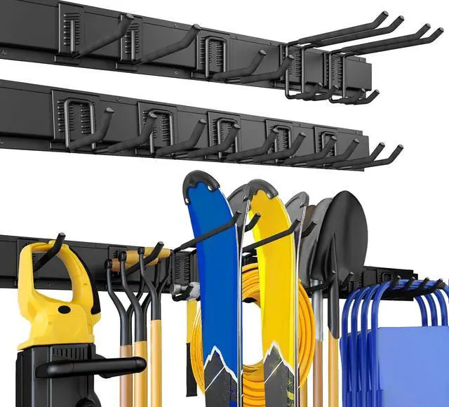 Main image of 64 Inches Garage Storage, UUP Garage Organization Wall Mount Garden Tool Organizer, 620lbs Adjustable Metal Hooks, Yard Shed Rail Rack, Lawn Tool Holder for Hanging Rake Broom Mop Snowboard, Home Gift