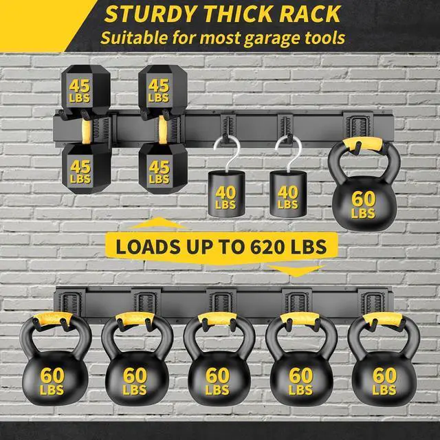 Alt view image 2 of 7 - 64 Inches Garage Storage, UUP Garage Organization Wall Mount Garden Tool Organizer, 620lbs Adjustable Metal Hooks, Yard Shed Rail Rack, Lawn Tool Holder for Hanging Rake Broom Mop Snowboard, Home Gift