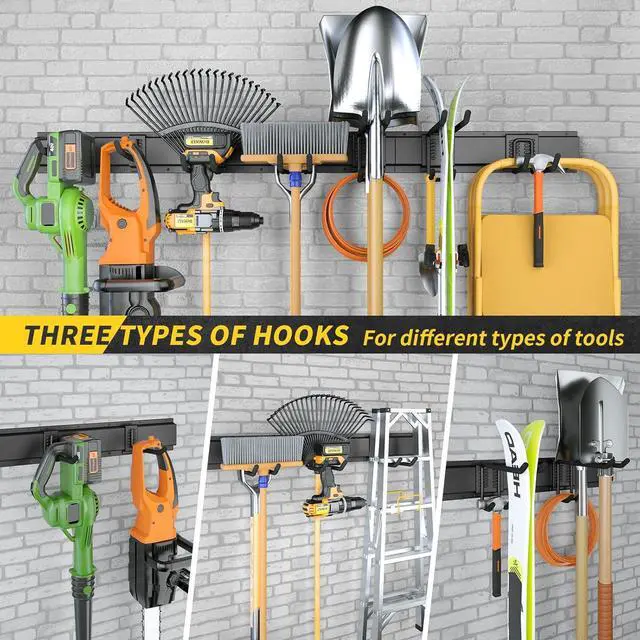 Alt view image 6 of 7 - 64 Inches Garage Storage, UUP Garage Organization Wall Mount Garden Tool Organizer, 620lbs Adjustable Metal Hooks, Yard Shed Rail Rack, Lawn Tool Holder for Hanging Rake Broom Mop Snowboard, Home Gift