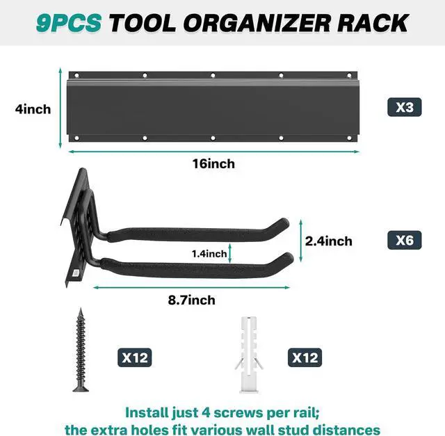Alt view image 2 of 7 - EVERHANGER Garage Tool Storage Organizer, Wall Mount Garden Tool Rack