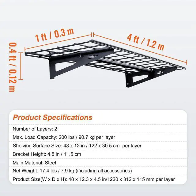 Alt view image 3 of 7 - VEVOR Garage Shelving Wall Mounted, 1 x 4 ft Heavy Duty Shelves, 400 lbs Load Capacity Storage Rack Floating 2 Pack, Suitable for Shop, Shed, Storage, Black (LL1248)