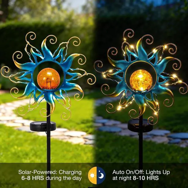 Alt view image 5 of 7 - Solar Lights Outdoor Garden Decor, Blue Metal Sun Crackle Glass Globe Stake Waterproof 30LED Decorations Unique Gifts for Women,Mom,Outside, Patio,Lawn,Yard,Pathway