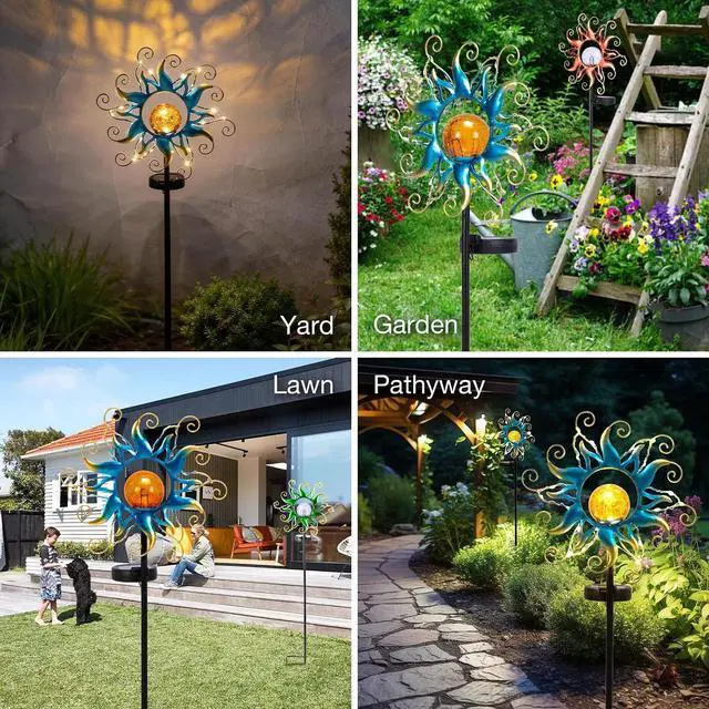 Alt view image 7 of 7 - Solar Lights Outdoor Garden Decor, Blue Metal Sun Crackle Glass Globe Stake Waterproof 30LED Decorations Unique Gifts for Women,Mom,Outside, Patio,Lawn,Yard,Pathway