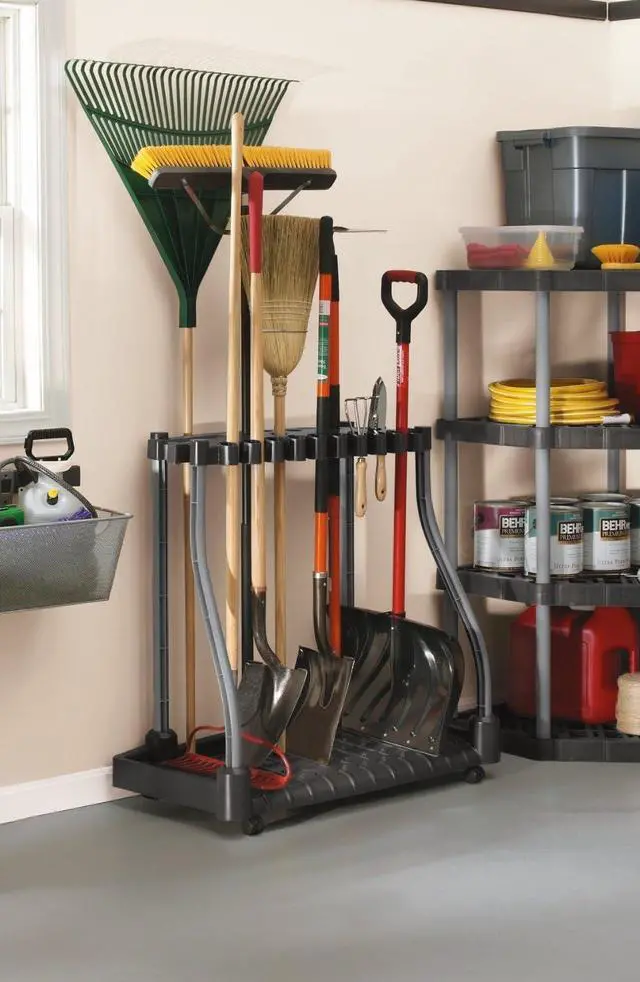 Alt view image 4 of 4 - Rubbermaid Garage Tool Tower Rack Easy to Assemble Wheeled Organizes up to 40 Long-Handled Tools/Rakes/ Brooms/Shovles in Home/House/Outdoor/Shed Black