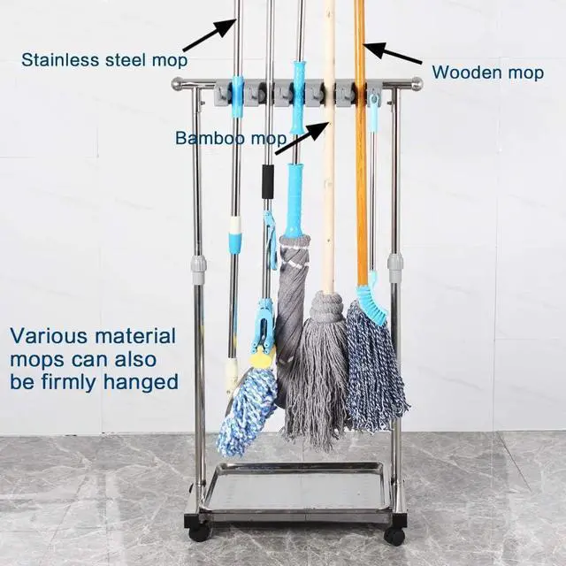 Alt view image 2 of 5 - movable mop broom holder put wet mops floor standing cleaning tool rack stainless for schools, hospitals, factories, hotels, restaurant, etc.