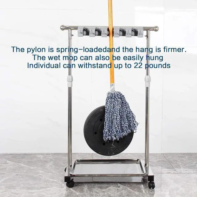 Alt view image 3 of 5 - movable mop broom holder put wet mops floor standing cleaning tool rack stainless for schools, hospitals, factories, hotels, restaurant, etc.