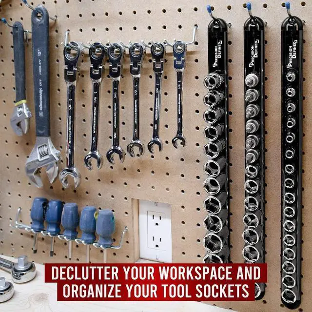 Alt view image 2 of 7 - Precision Defined Aluminum Tool Socket Holder 3-Piece Set | Black, 1/4-Inch x 16, 3/8-Inch x 16, 1/2-Inch x 14 Clips | 360 Rotation - Heavy Duty Socket Rails Organizer