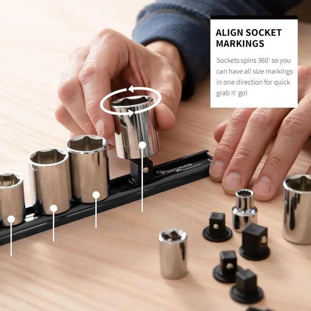 Alt view image 3 of 7 - Precision Defined Aluminum Tool Socket Holder 3-Piece Set | Black, 1/4-Inch x 16, 3/8-Inch x 16, 1/2-Inch x 14 Clips | 360 Rotation - Heavy Duty Socket Rails Organizer