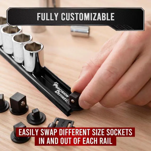 Alt view image 4 of 7 - Precision Defined Aluminum Tool Socket Holder 3-Piece Set | Black, 1/4-Inch x 16, 3/8-Inch x 16, 1/2-Inch x 14 Clips | 360 Rotation - Heavy Duty Socket Rails Organizer