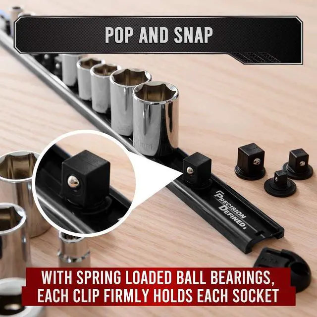 Alt view image 5 of 7 - Precision Defined Aluminum Tool Socket Holder 3-Piece Set | Black, 1/4-Inch x 16, 3/8-Inch x 16, 1/2-Inch x 14 Clips | 360 Rotation - Heavy Duty Socket Rails Organizer
