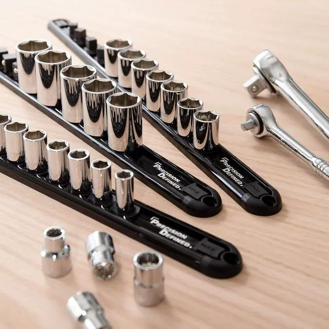 Alt view image 6 of 7 - Precision Defined Aluminum Tool Socket Holder 3-Piece Set | Black, 1/4-Inch x 16, 3/8-Inch x 16, 1/2-Inch x 14 Clips | 360 Rotation - Heavy Duty Socket Rails Organizer