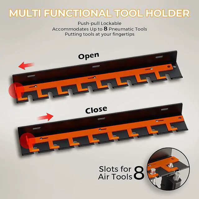 Alt view image 4 of 7 - Air Tool Holder, Air Tool Rack for Garage Walls and Tool Cart Storage OrganizerWall Mounted Lockable Pneumatic Tool Hanger for Air Compressor Tools, Pneumatic Nail Gun, Black-8 Slots