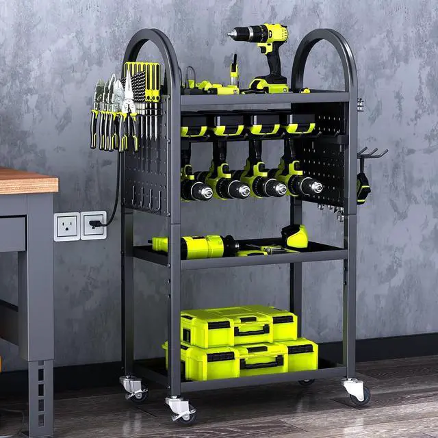 Main image of KAFAHOM Power Tool Organizer - 4 Tier Rolling Tool Cart with 8-12 Drill Holder,Tool Storage Cart on Wheels - Heavy Duty Metal Utility Tool Shelf for Garage, Workshop, Warehouse & Repair Shop
