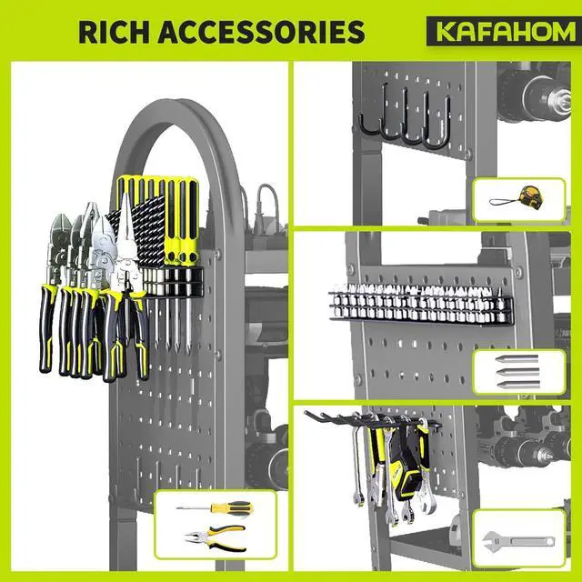 Alt view image 2 of 6 - KAFAHOM Power Tool Organizer - 4 Tier Rolling Tool Cart with 8-12 Drill Holder,Tool Storage Cart on Wheels - Heavy Duty Metal Utility Tool Shelf for Garage, Workshop, Warehouse & Repair Shop