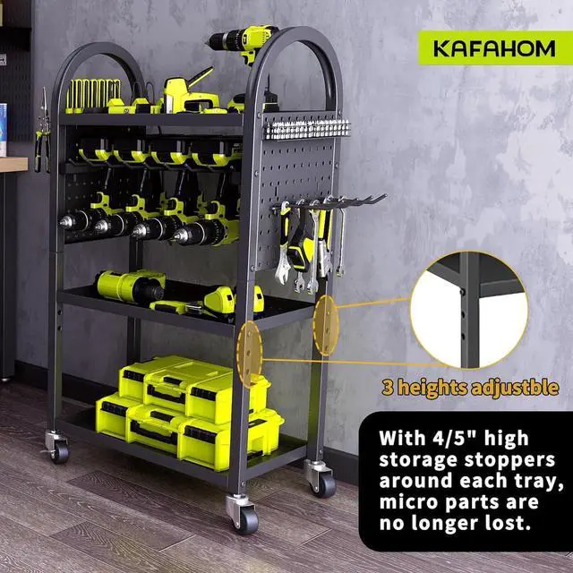 Alt view image 3 of 6 - KAFAHOM Power Tool Organizer - 4 Tier Rolling Tool Cart with 8-12 Drill Holder,Tool Storage Cart on Wheels - Heavy Duty Metal Utility Tool Shelf for Garage, Workshop, Warehouse & Repair Shop