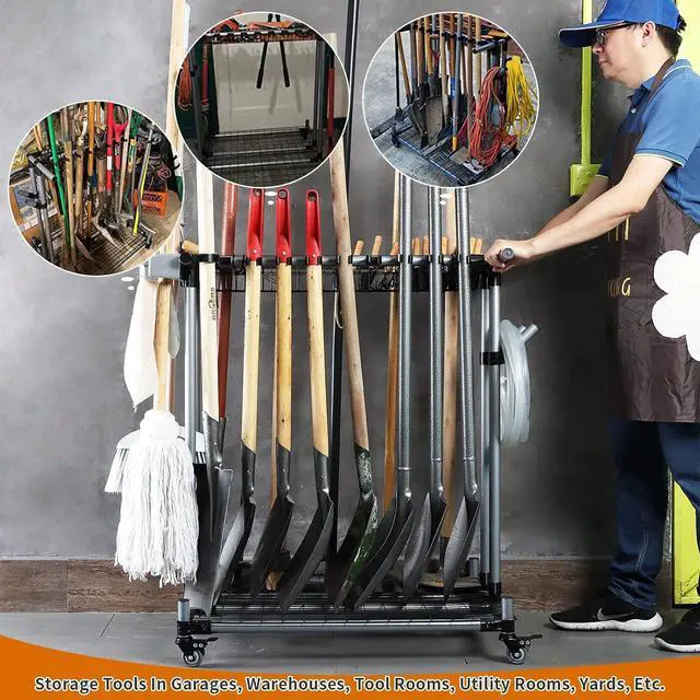 Alt view image 2 of 7 - Heavy duty garden tool organizer garage storage holder storage large long farming tools lawn tool metal rack shovel and rake organizer