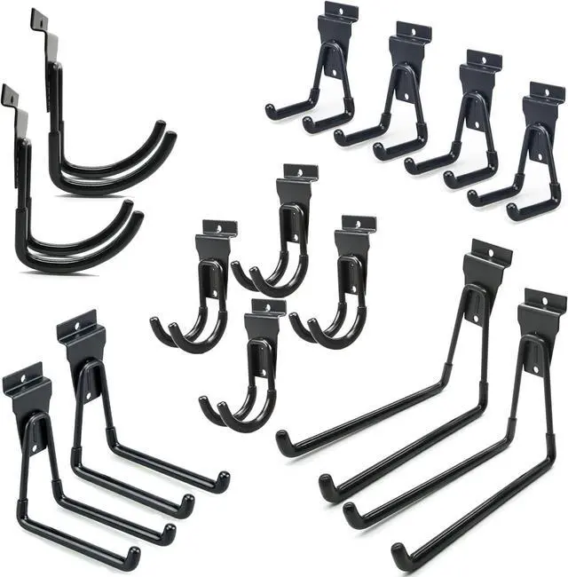 Main image of Slatwall Hooks 14 Pack, Heavy Duty Garage Wall Organizer, Multi-Size Hanging Hooks Compatible with Proslat, StoreWALL and HandiWall