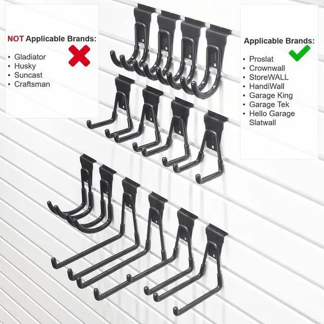 Alt view image 4 of 7 - Slatwall Hooks 14 Pack, Heavy Duty Garage Wall Organizer, Multi-Size Hanging Hooks Compatible with Proslat, StoreWALL and HandiWall