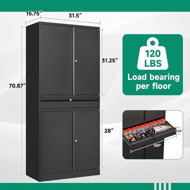 Alt view image 3 of 5 - Letaya Metal Garage Storage Cabinet with Drawer,4 Door Tool Cabinet with Lock-2 Adjustable Shelves for Garage Home Office Utility Room (Black)