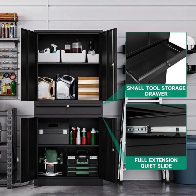 Alt view image 5 of 5 - Letaya Metal Garage Storage Cabinet with Drawer,4 Door Tool Cabinet with Lock-2 Adjustable Shelves for Garage Home Office Utility Room (Black)