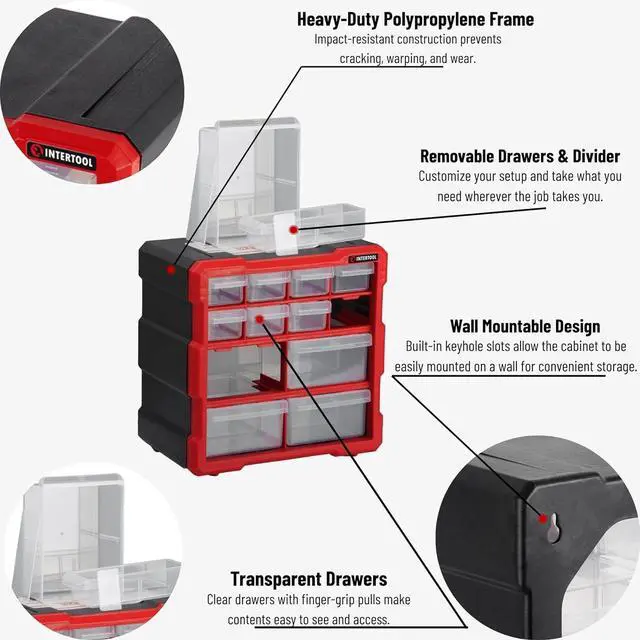 Alt view image 3 of 5 - INTERTOOL Small Parts Organizer - 12 Removeable Bin Drawers - Tool Box for Storing Hardware and Garage Organization - For Screws, Bolts, Legos, Arts and Crafts - 10 x 10 x 6 - BX08-4024