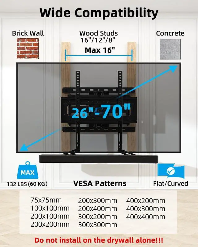 Alt view image 3 of 7 - HOME VISION Full Motion TV Mount Soundbar Bundle for 26-70" TVs, 132 lbs