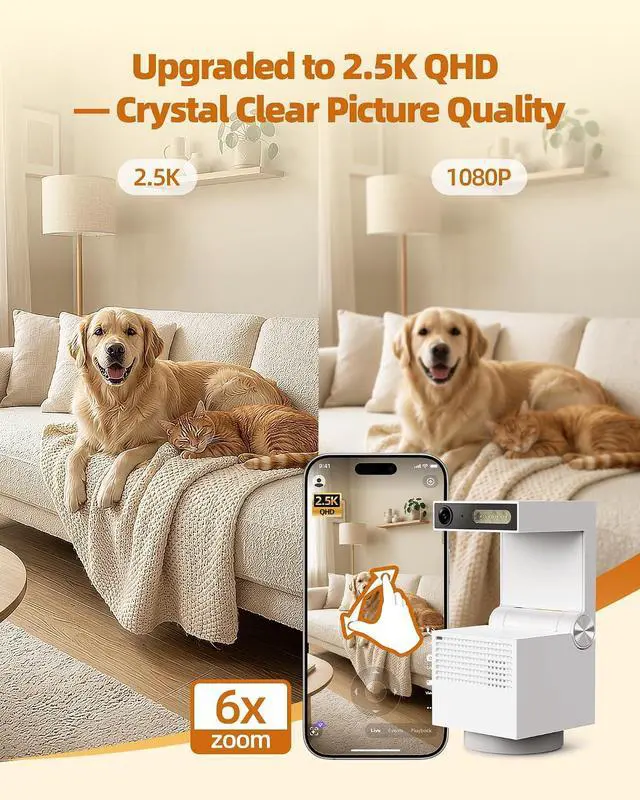 Alt view image 2 of 7 - Genie S Pet Camera 2.5K, Dog Camera with Phone App, Built-in 32GB Storage, No Subscription Local Storage, 2-Way Audio, Privacy Mode, AI Tracking, Pan&Tilt, Alexa & Google Assistant Compatible