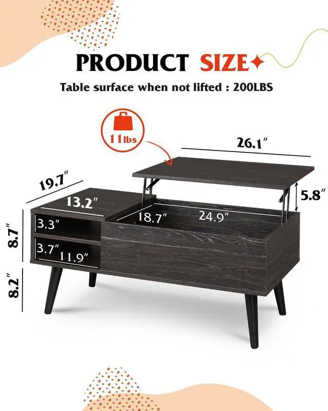 Alt view image 3 of 7 - WLIVE Lift Top Coffee Table with Hidden Storage, Adjustable Shelf, Black