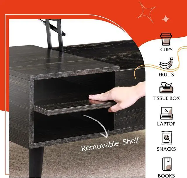 Alt view image 4 of 7 - WLIVE Lift Top Coffee Table with Hidden Storage, Adjustable Shelf, Black