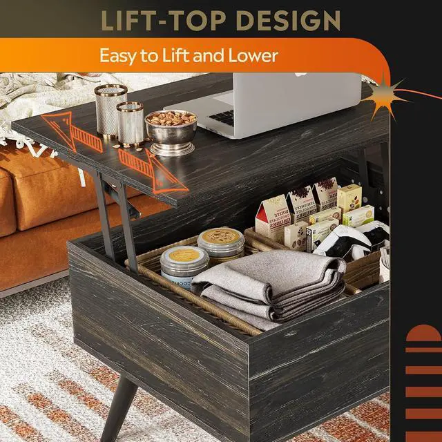 Alt view image 5 of 7 - WLIVE Lift Top Coffee Table with Hidden Storage, Adjustable Shelf, Black