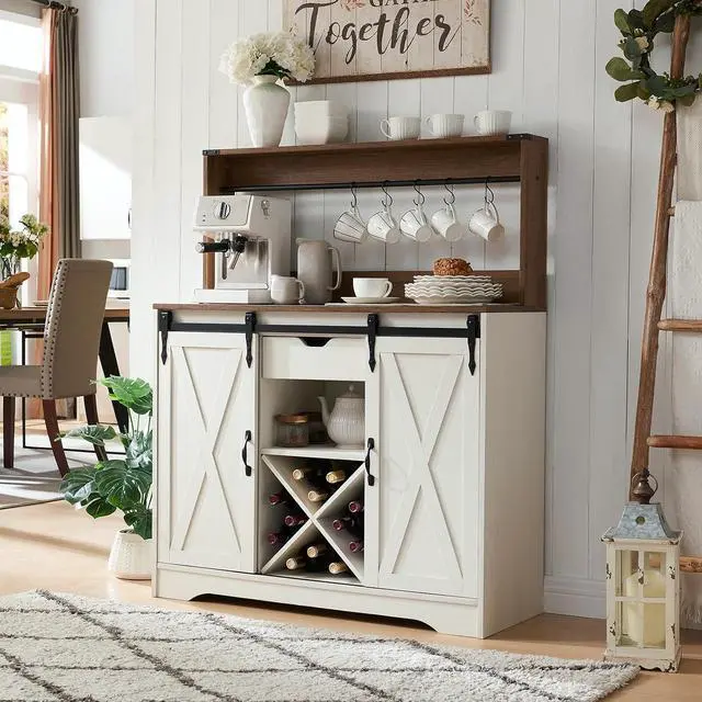 Main image of Wnutrees Farmhouse Coffee Bar Cabinet with Charging Station and USB, White