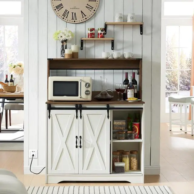 Alt view image 3 of 7 - Wnutrees Farmhouse Coffee Bar Cabinet with Charging Station and USB, White