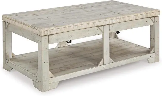 Main image of Signature Design by Ashley Fregine Farmhouse Rectangular Lift Top Coffee Table with Floor Shelf, Whitewash with Weathered Finish