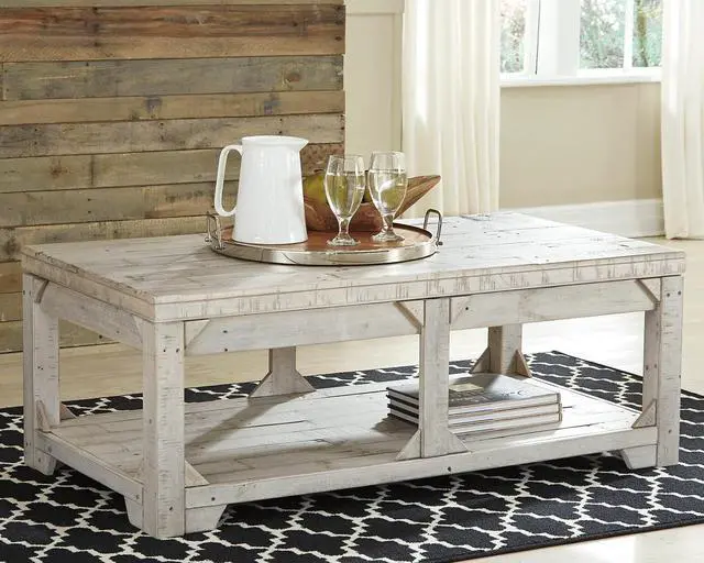 Alt view image 2 of 6 - Signature Design by Ashley Fregine Farmhouse Rectangular Lift Top Coffee Table with Floor Shelf, Whitewash with Weathered Finish