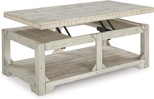 Alt view image 4 of 6 - Signature Design by Ashley Fregine Farmhouse Rectangular Lift Top Coffee Table with Floor Shelf, Whitewash with Weathered Finish