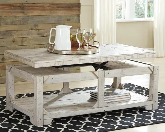 Alt view image 5 of 6 - Signature Design by Ashley Fregine Farmhouse Rectangular Lift Top Coffee Table with Floor Shelf, Whitewash with Weathered Finish