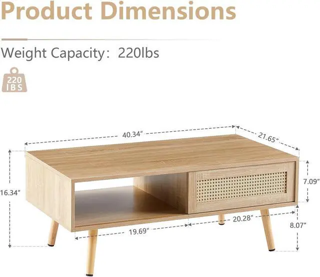 Alt view image 2 of 6 - Rattan Coffee Table, 40.3" Mid Century Modern Coffee Table with Storage, Farmhouse Rectangle Wooden Accent Center Sofa Table with Rattan Sliding Door, for Living Room Christmas-Natural