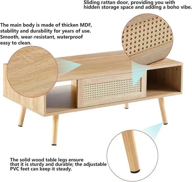 Alt view image 3 of 6 - Rattan Coffee Table, 40.3" Mid Century Modern Coffee Table with Storage, Farmhouse Rectangle Wooden Accent Center Sofa Table with Rattan Sliding Door, for Living Room Christmas-Natural