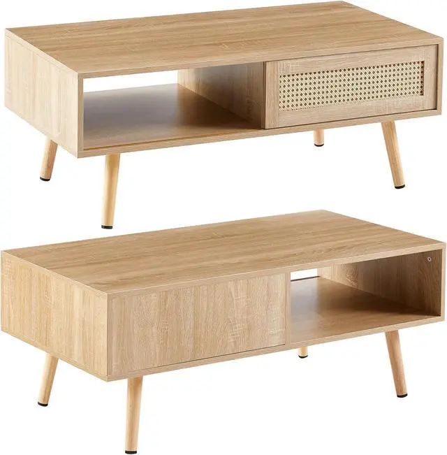 Alt view image 5 of 6 - Rattan Coffee Table, 40.3" Mid Century Modern Coffee Table with Storage, Farmhouse Rectangle Wooden Accent Center Sofa Table with Rattan Sliding Door, for Living Room Christmas-Natural